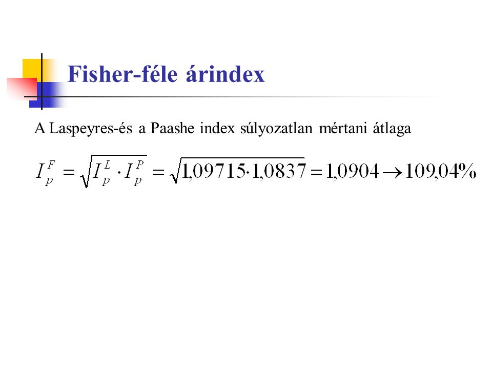 Fisher-féle árindex A Laspeyres-és a Paashe index súlyozatlan mértani átlaga
