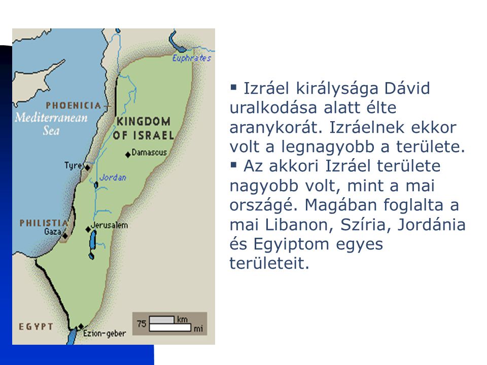 Izraeli királyság Izráel királysága Dávid uralkodása alatt élte aranykorát. Izráelnek ekkor volt a legnagyobb a területe.