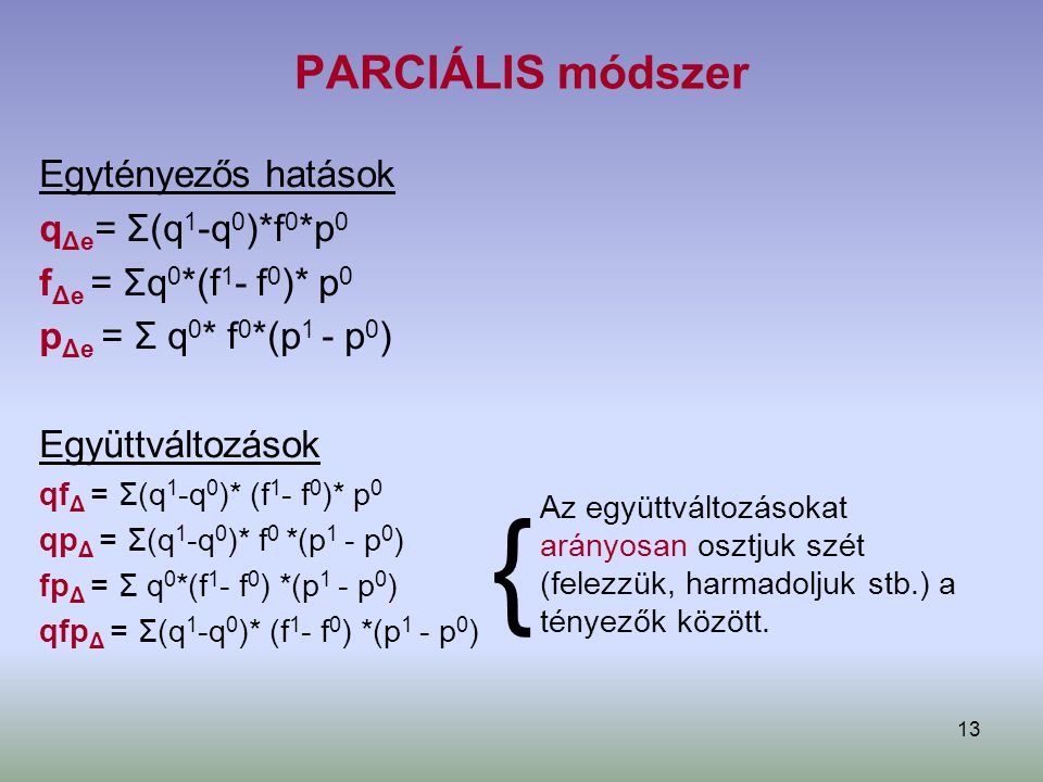{ PARCIÁLIS módszer Egytényezős hatások qΔe= Σ(q1-q0)*f0*p0