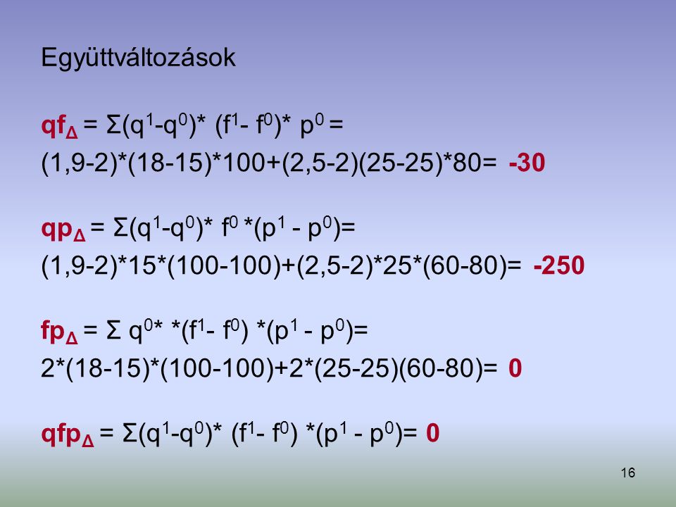 Együttváltozások qfΔ = Σ(q1-q0)* (f1- f0)* p0 = (1,9-2)*(18-15)*100+(2,5-2)(25-25)*80= -30. qpΔ = Σ(q1-q0)* f0 *(p1 - p0)=