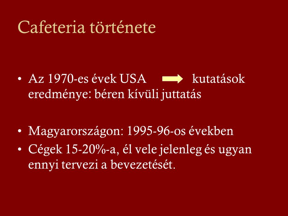 Cafeteria története Az 1970-es évek USA kutatások eredménye: béren kívüli juttatás. Magyarországon: os években.