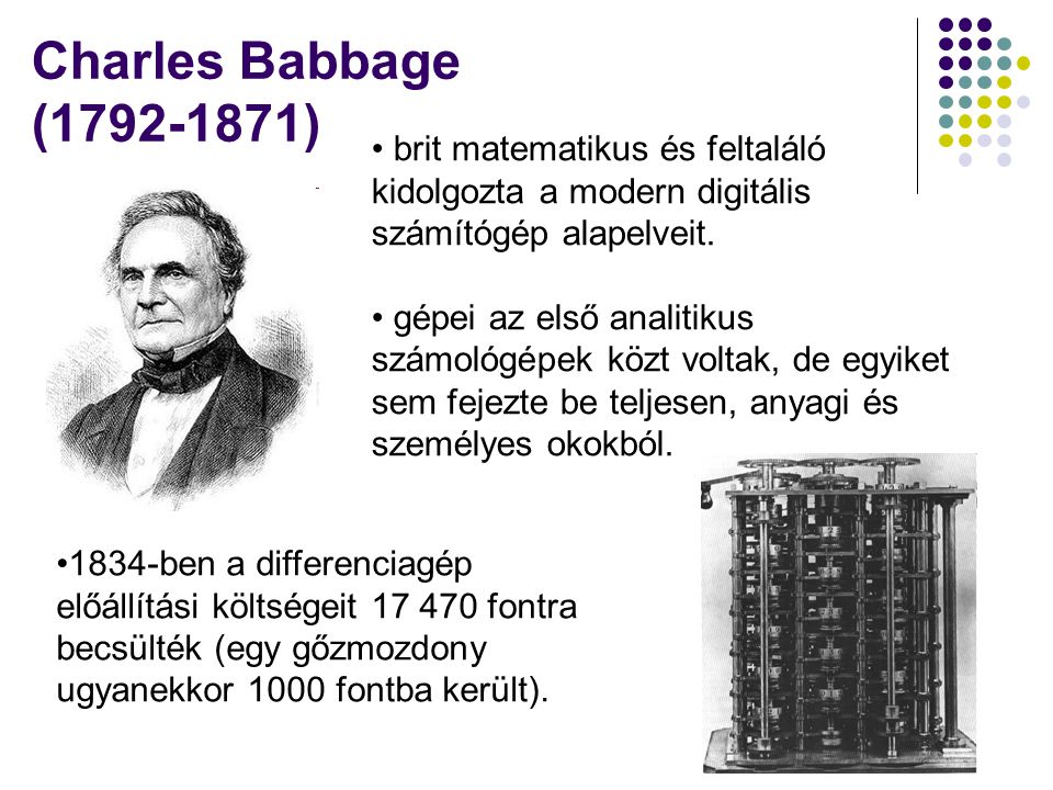 Charles Babbage ( ) brit matematikus és feltaláló kidolgozta a modern digitális számítógép alapelveit.