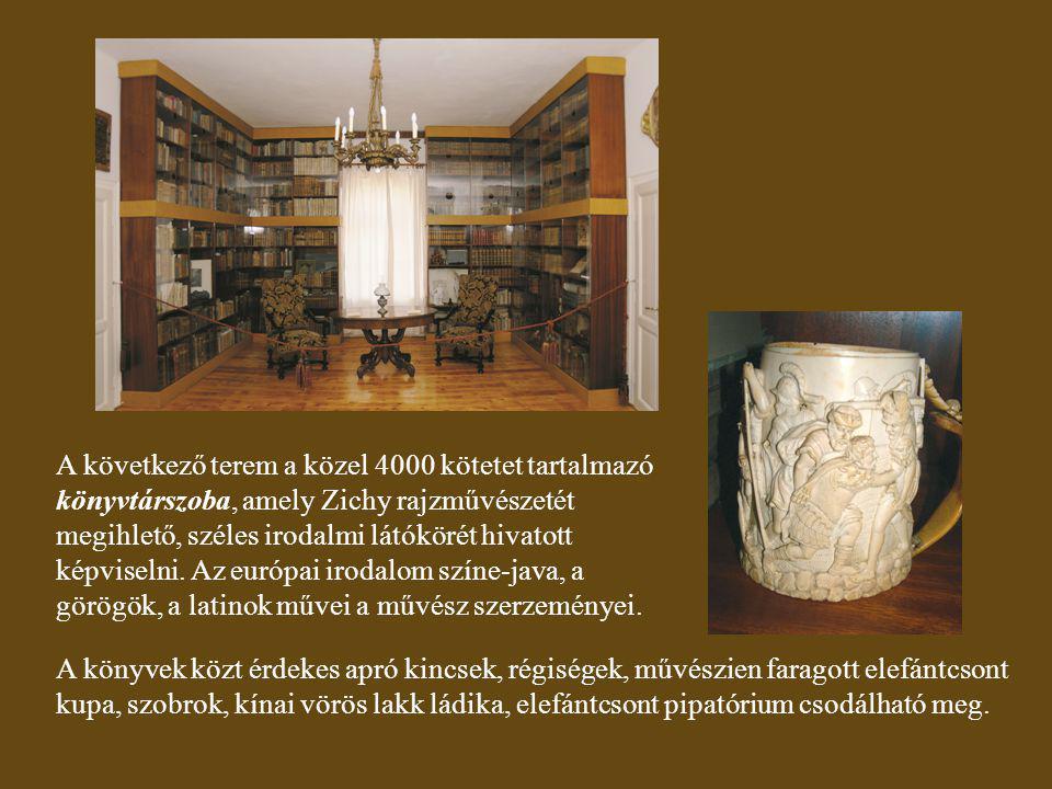 A következő terem a közel 4000 kötetet tartalmazó könyvtárszoba, amely Zichy rajzművészetét megihlető, széles irodalmi látókörét hivatott képviselni. Az európai irodalom színe-java, a görögök, a latinok művei a művész szerzeményei.