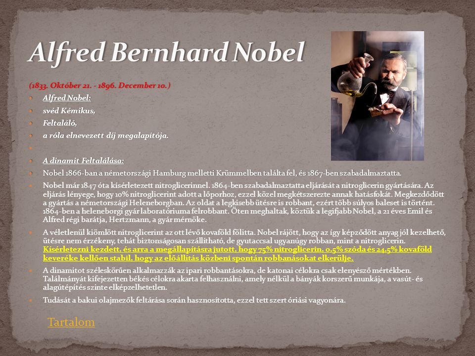 Alfred Bernhard Nobel Tartalom