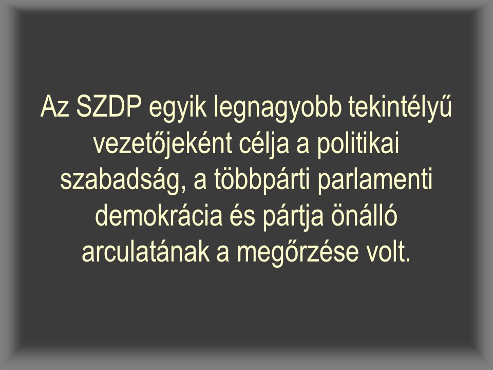 Az SZDP egyik legnagyobb tekintélyű vezetőjeként célja a politikai szabadság, a többpárti parlamenti demokrácia és pártja önálló arculatának a megőrzése volt.