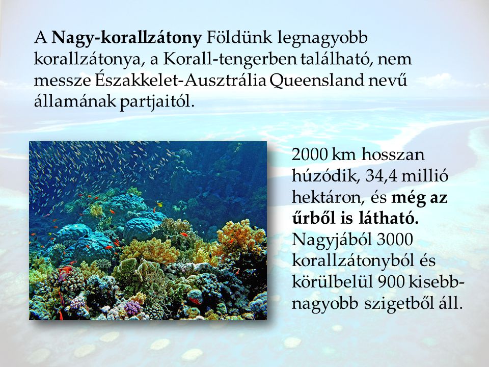 A Nagy-korallzátony Földünk legnagyobb korallzátonya, a Korall-tengerben található, nem messze Északkelet-Ausztrália Queensland nevű államának partjaitól.