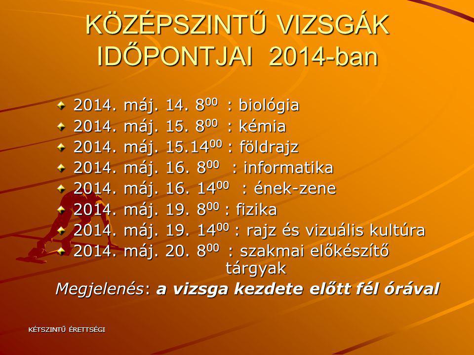 KÖZÉPSZINTŰ VIZSGÁK IDŐPONTJAI 2014-ban