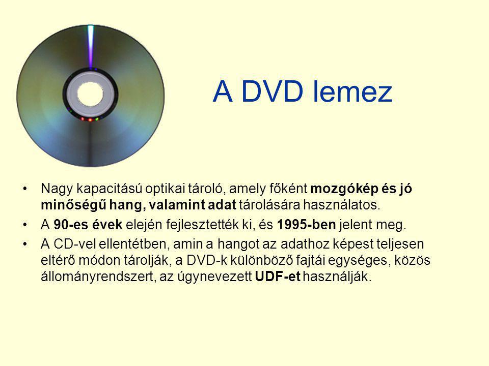 A DVD lemez Nagy kapacitású optikai tároló, amely főként mozgókép és jó minőségű hang, valamint adat tárolására használatos.