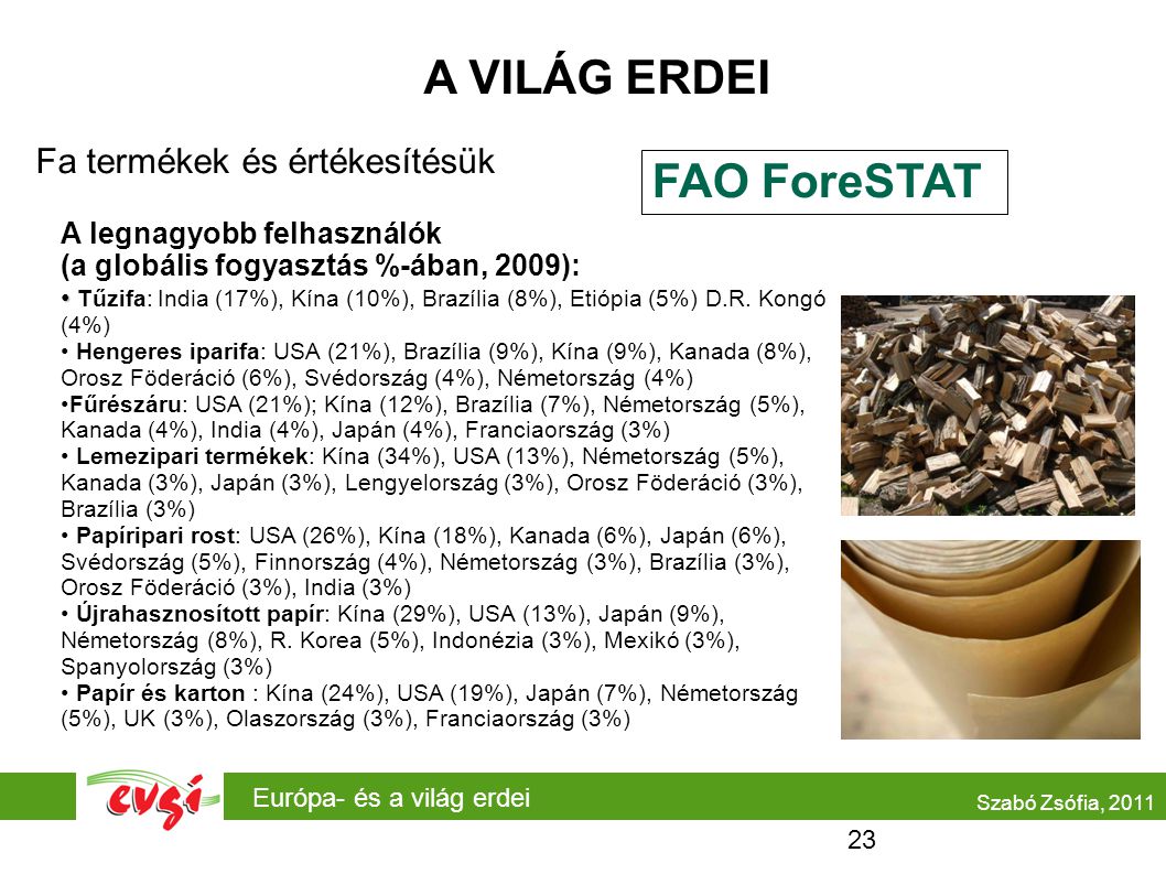 A VILÁG ERDEI FAO ForeSTAT Fa termékek és értékesítésük