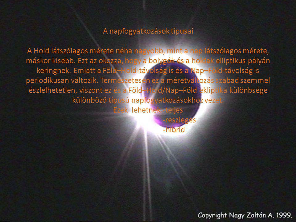 A napfogyatkozások típusai A Hold látszólagos mérete néha nagyobb, mint a nap látszólagos mérete, máskor kisebb.