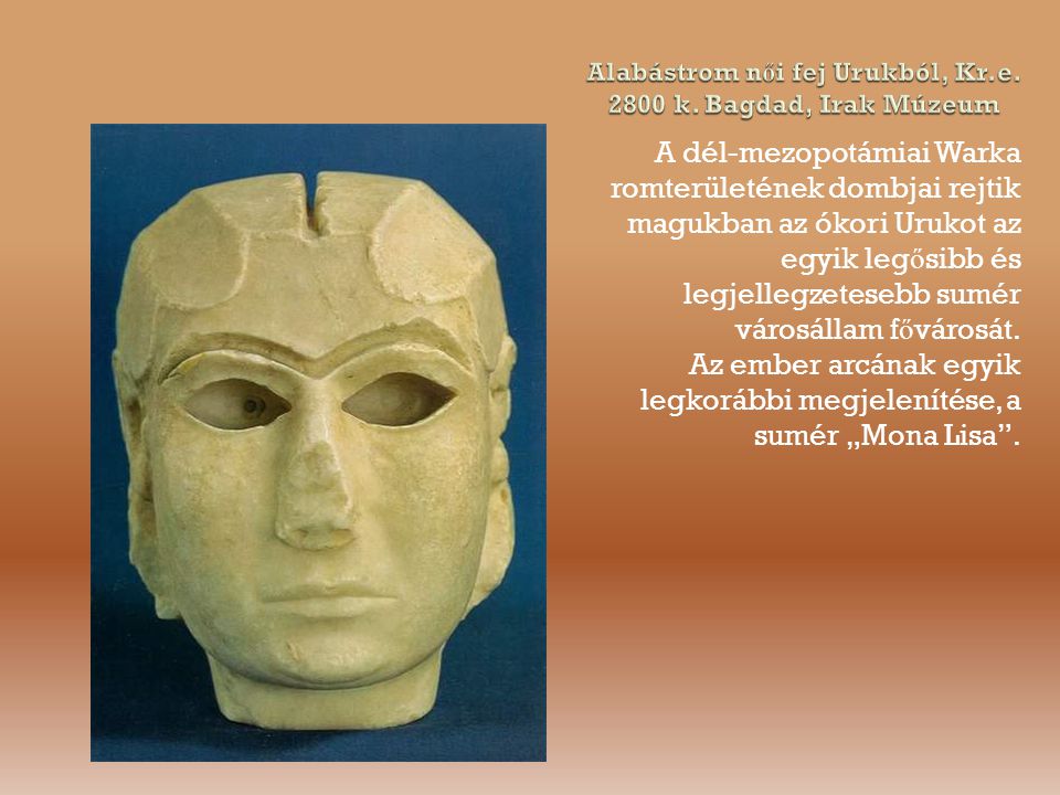 Alabástrom női fej Urukból, Kr.e k. Bagdad, Irak Múzeum