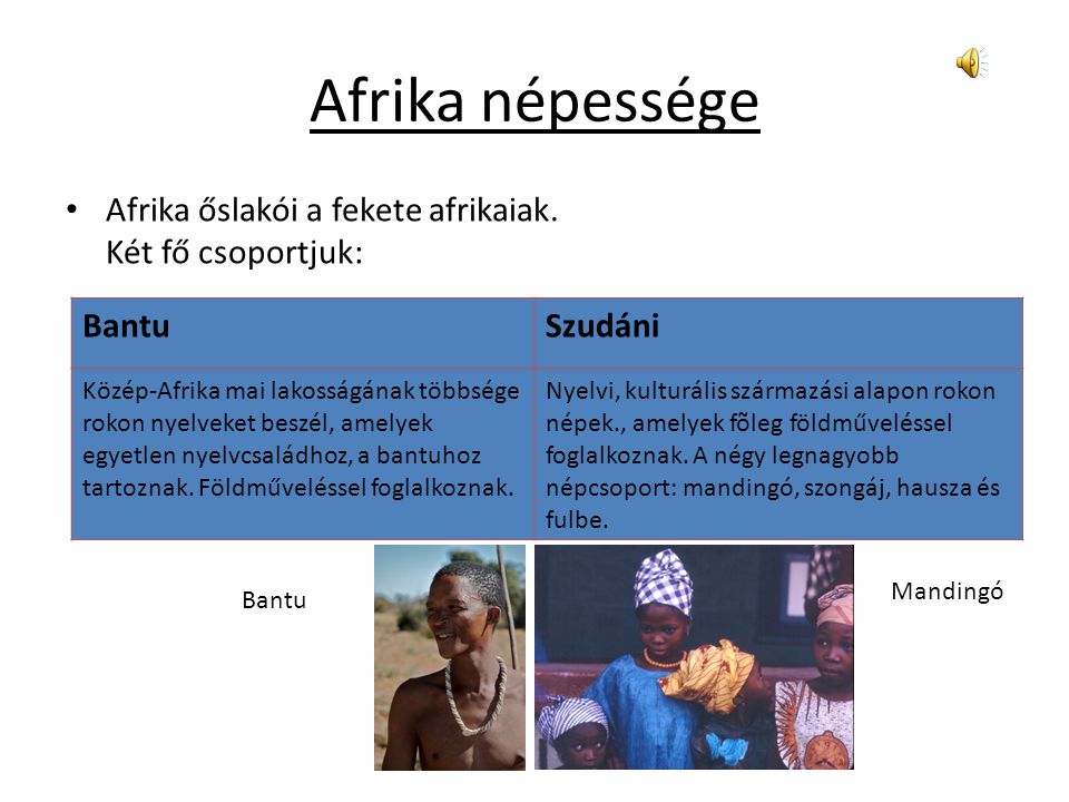 Afrika népessége Afrika őslakói a fekete afrikaiak. Két fő csoportjuk: