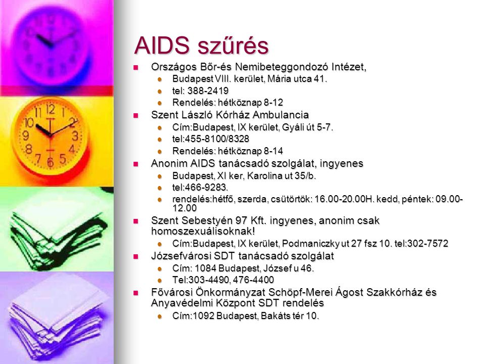 AIDS szűrés Országos Bőr-és Nemibeteggondozó Intézet,