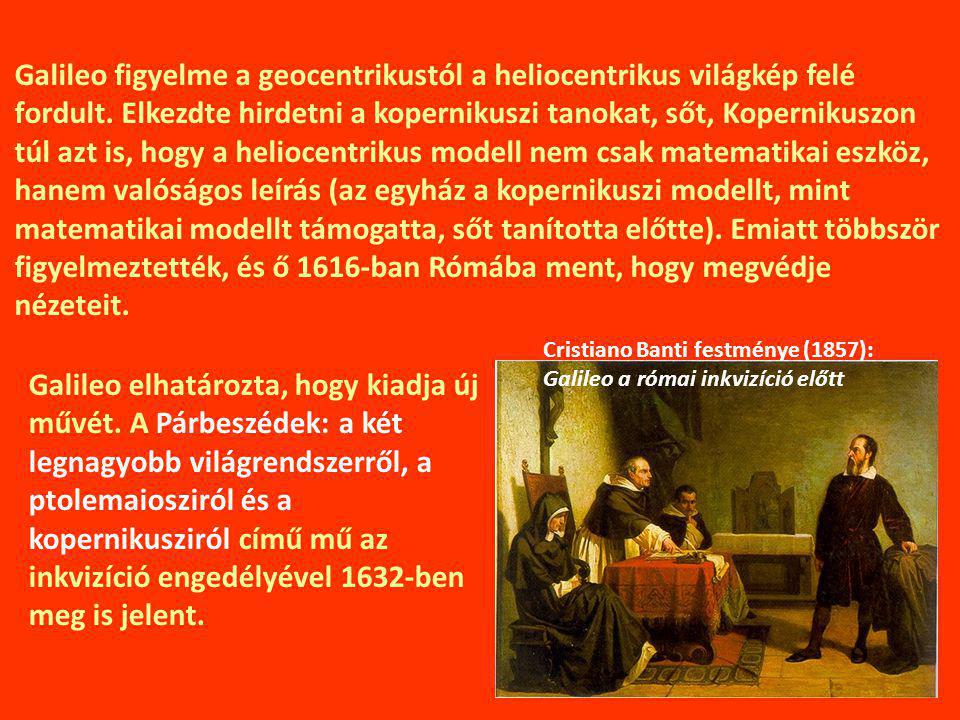 Galileo figyelme a geocentrikustól a heliocentrikus világkép felé fordult. Elkezdte hirdetni a kopernikuszi tanokat, sőt, Kopernikuszon túl azt is, hogy a heliocentrikus modell nem csak matematikai eszköz, hanem valóságos leírás (az egyház a kopernikuszi modellt, mint matematikai modellt támogatta, sőt tanította előtte). Emiatt többször figyelmeztették, és ő 1616-ban Rómába ment, hogy megvédje nézeteit.