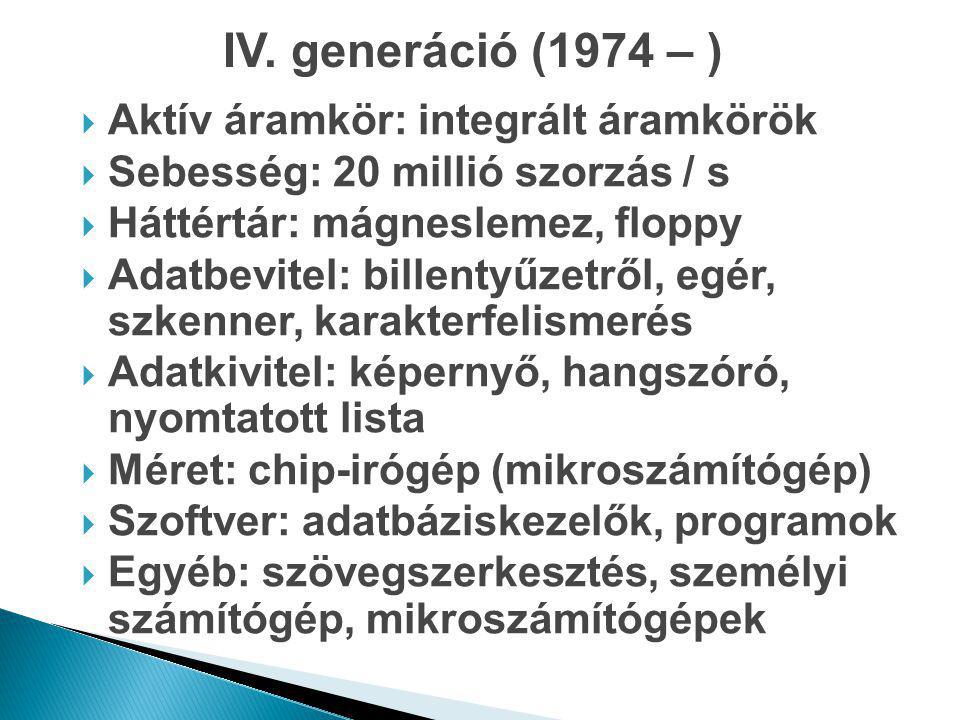 IV. generáció (1974 – ) Aktív áramkör: integrált áramkörök
