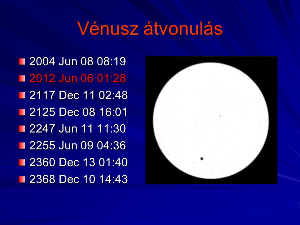 Vénusz átvonulás 2004 Jun 08 08: Jun 06 01: Dec 11 02:48
