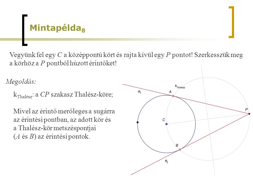 Mintapélda8 Vegyünk fel egy C a középpontú kört és rajta kívül egy P pontot! Szerkesszük meg. a körhöz a P pontból húzott érintőket!