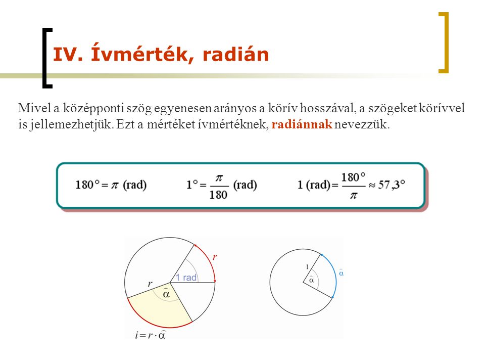 IV. Ívmérték, radián Mivel a középponti szög egyenesen arányos a körív hosszával, a szögeket körívvel.