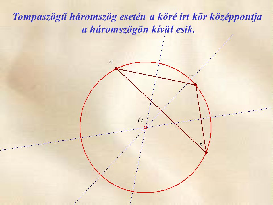 Tompaszögű háromszög esetén a köré írt kör középpontja a háromszögön kívül esik.