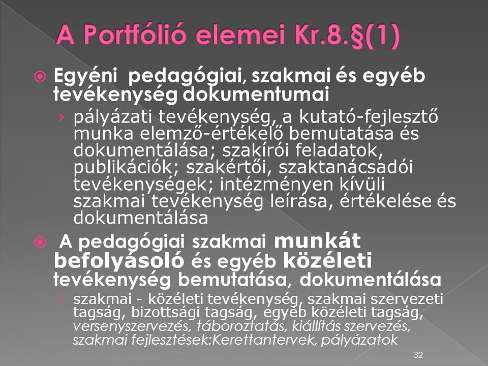 A Portfólió elemei Kr.8.§(1)
