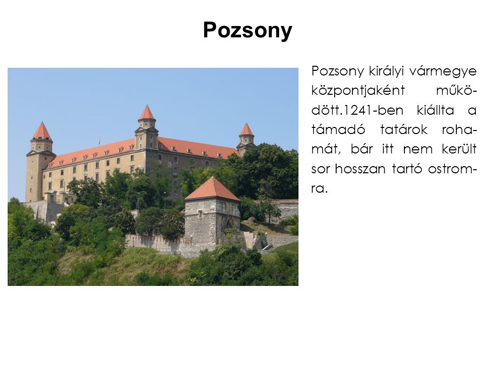 Pozsony Pozsony királyi vármegye központjaként műkö-dött.1241-ben kiállta a támadó tatárok roha-mát, bár itt nem került sor hosszan tartó ostrom-ra.
