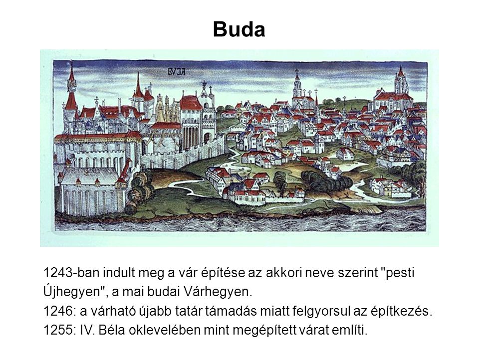 Buda 1243-ban indult meg a vár építése az akkori neve szerint pesti Újhegyen , a mai budai Várhegyen.