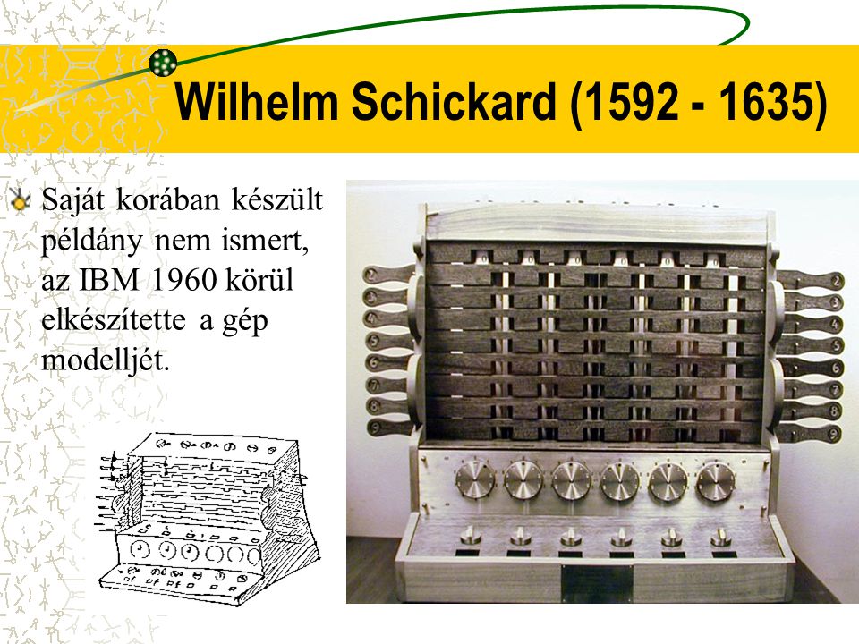 Wilhelm Schickard ( ) Saját korában készült példány nem ismert, az IBM 1960 körül elkészítette a gép modelljét.