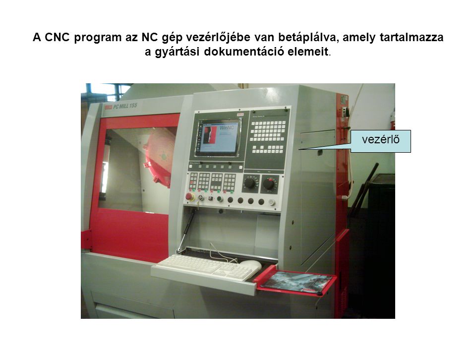 A CNC program az NC gép vezérlőjébe van betáplálva, amely tartalmazza a gyártási dokumentáció elemeit.
