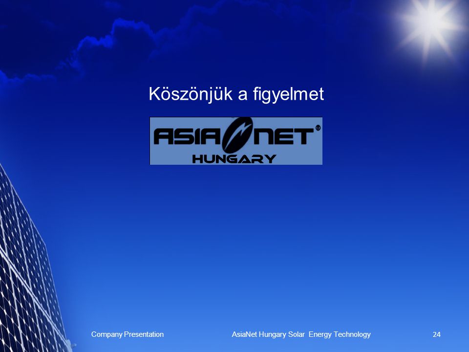 Köszönjük a figyelmet Company Presentation AsiaNet Hungary Solar Energy Technology