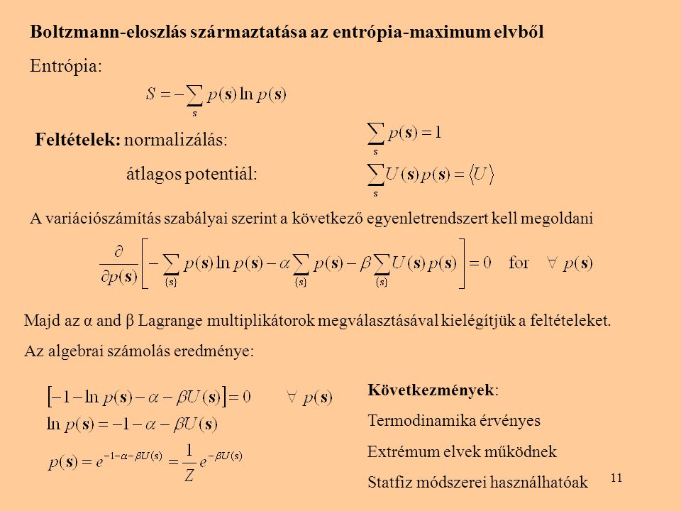 Boltzmann-eloszlás származtatása az entrópia-maximum elvből Entrópia: