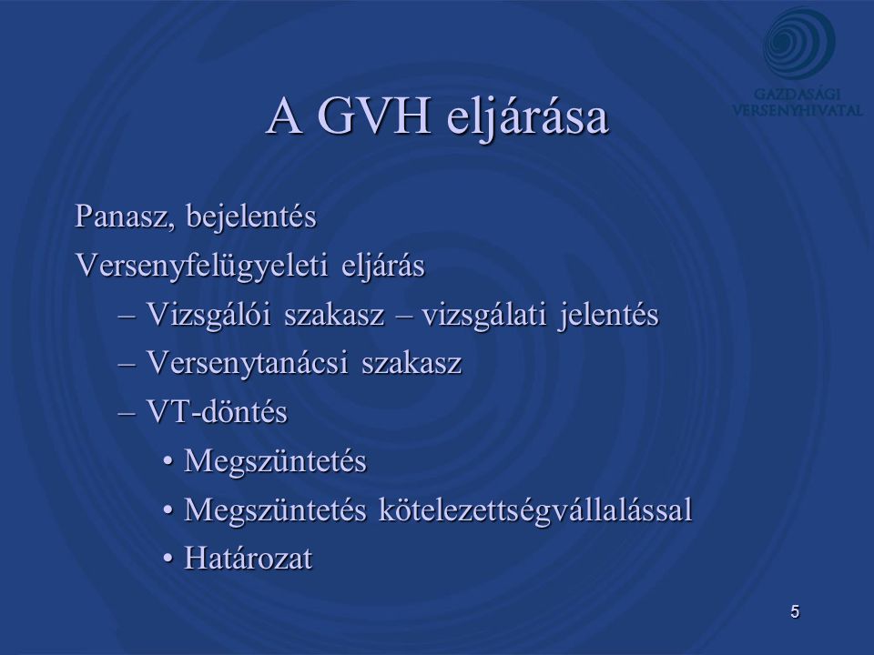 A GVH eljárása Panasz, bejelentés Versenyfelügyeleti eljárás