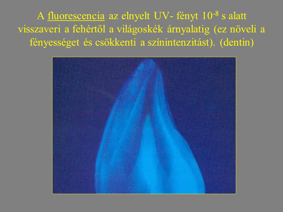 A fluorescencia az elnyelt UV- fényt 10-8 s alatt visszaveri a fehértől a világoskék árnyalatig (ez növeli a fényességet és csökkenti a színintenzitást).