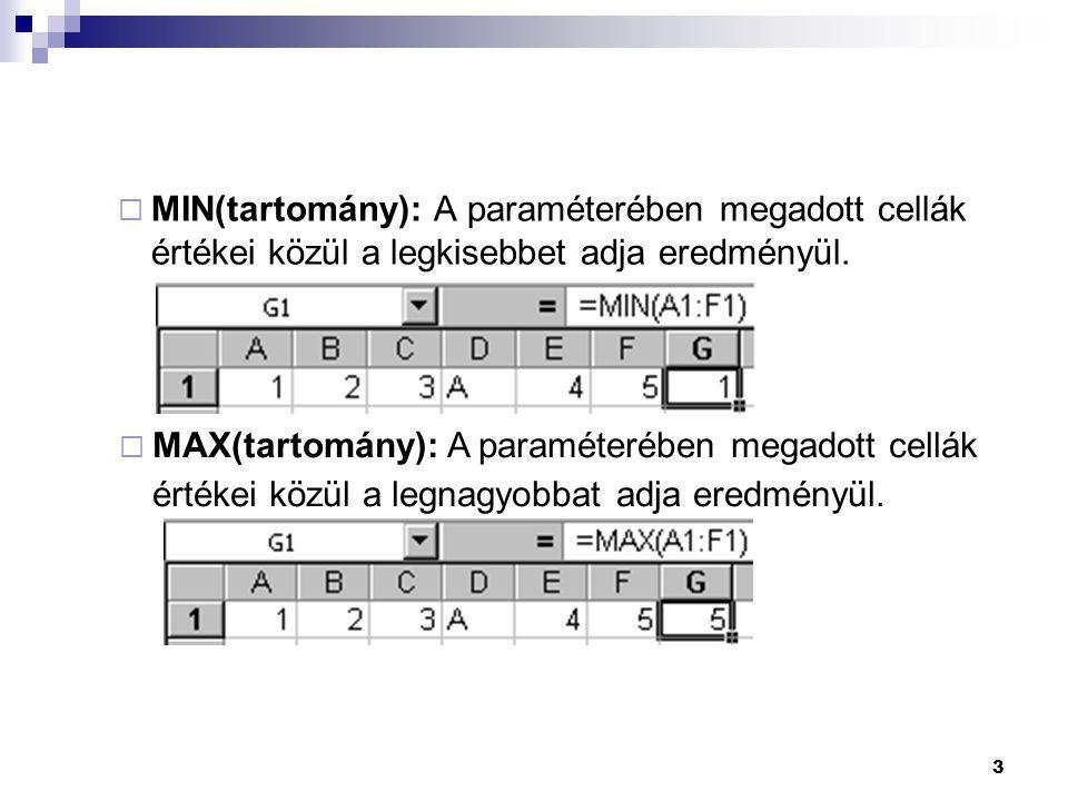 MIN(tartomány): A paraméterében megadott cellák értékei közül a legkisebbet adja eredményül.