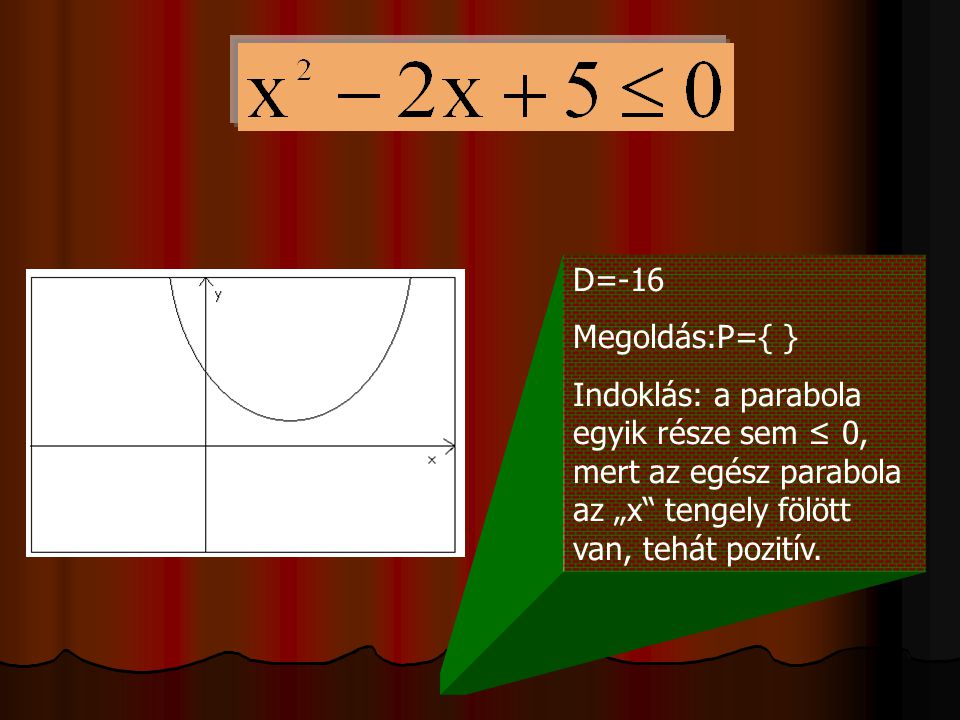 D=-16 Megoldás:P={ } Indoklás: a parabola egyik része sem ≤ 0, mert az egész parabola az „x tengely fölött van, tehát pozitív.