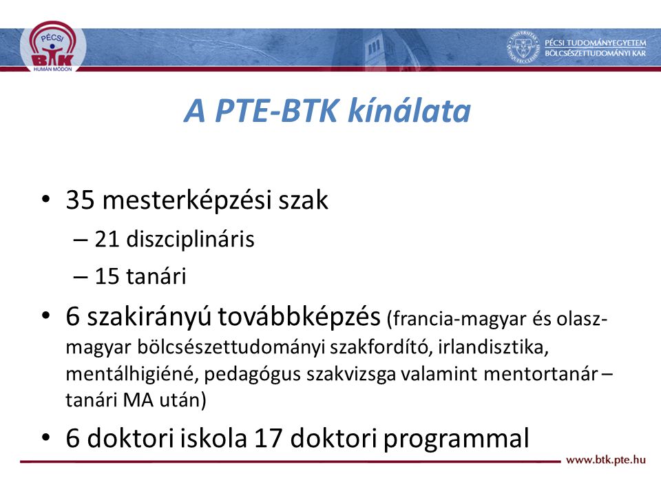 A PTE-BTK kínálata 35 mesterképzési szak