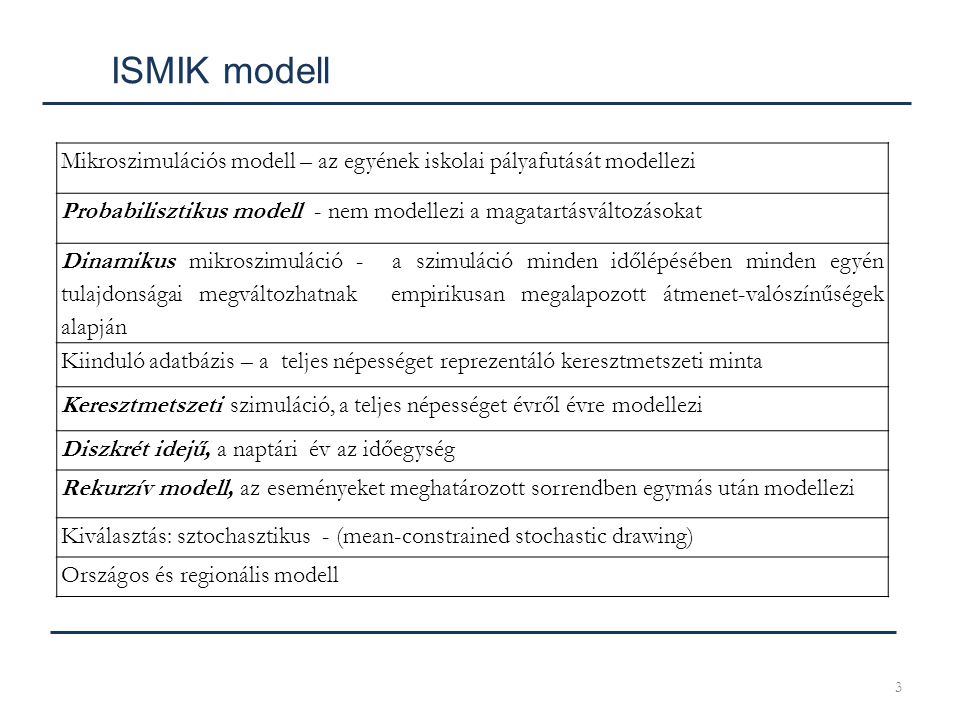 ISMIK modell Mikroszimulációs modell – az egyének iskolai pályafutását modellezi. Probabilisztikus modell - nem modellezi a magatartásváltozásokat.