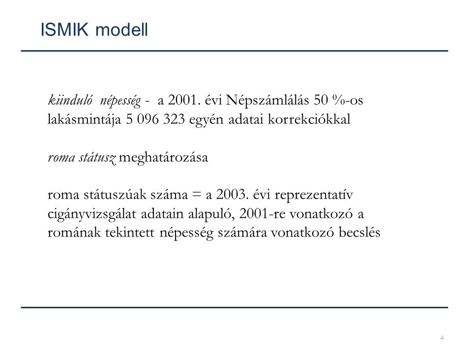 ISMIK modell kiinduló népesség - a évi Népszámlálás 50 %-os lakásmintája egyén adatai korrekciókkal.