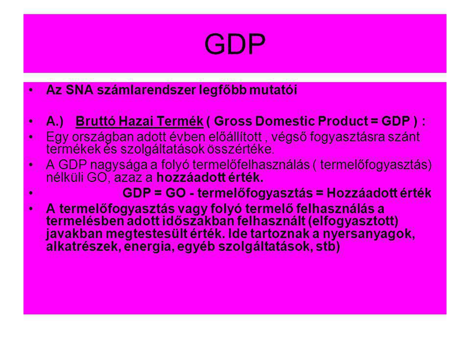 GDP Az SNA számlarendszer legfőbb mutatói