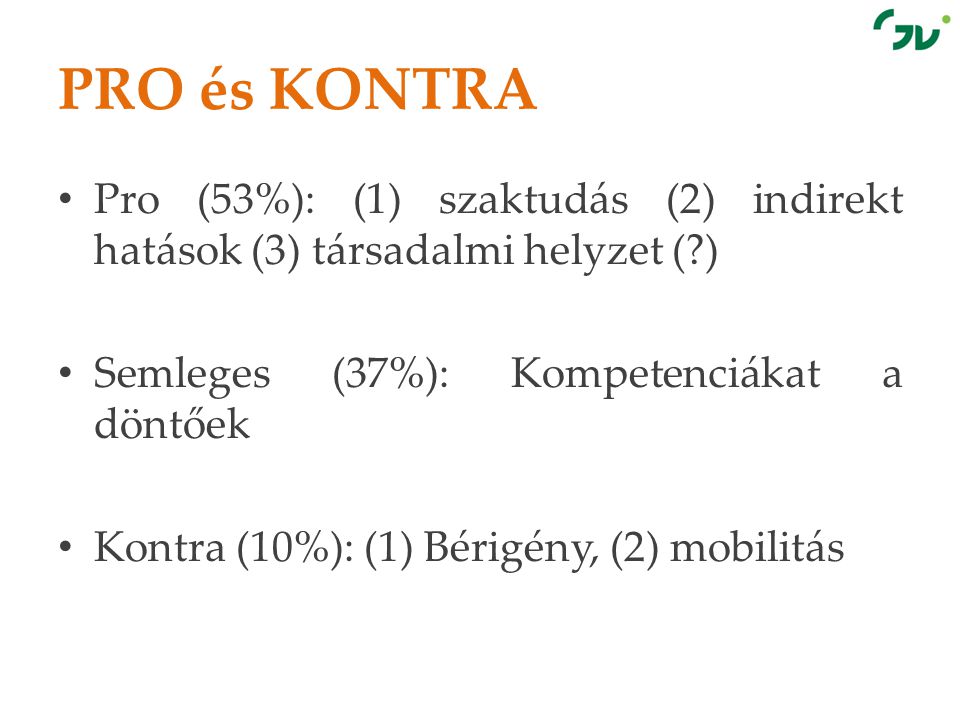 PRO és KONTRA Pro (53%): (1) szaktudás (2) indirekt hatások (3) társadalmi helyzet ( ) Semleges (37%): Kompetenciákat a döntőek.