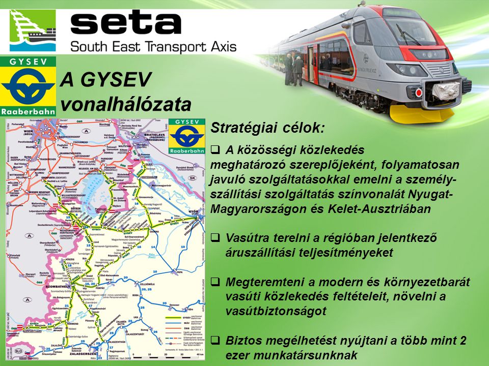 A GYSEV vonalhálózata Stratégiai célok: A közösségi közlekedés