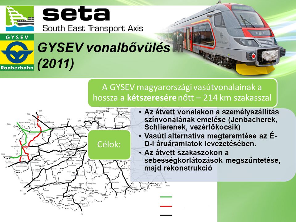 GYSEV vonalbővülés (2011) A GYSEV magyarországi vasútvonalainak a hossza a kétszeresére nőtt – 214 km szakasszal.