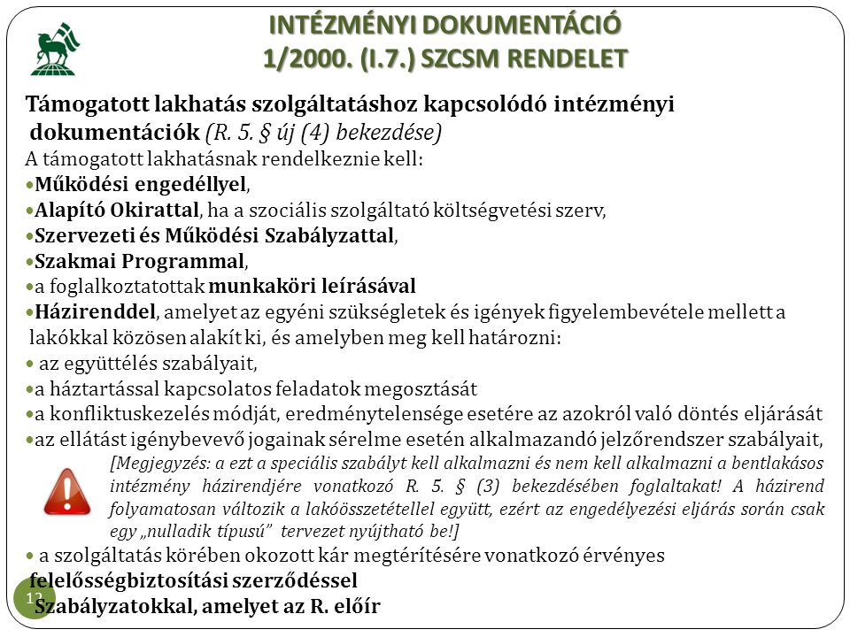 INTÉZMÉNYI DOKUMENTÁCIÓ 1/2000. (I.7.) SZCSM RENDELET