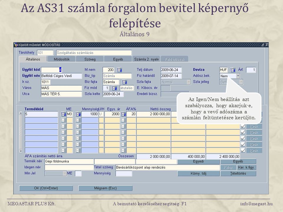 Az AS31 számla forgalom bevitel képernyő felépítése Általános 9