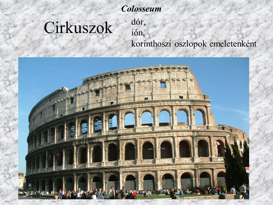 Colosseum dór, ión, korinthoszi oszlopok emeletenként Cirkuszok