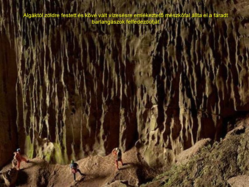 Algáktól zöldre festett és kővé vált vízesésre emlékeztető mészkőfal állta el a fáradt barlangászok felfedezöútját