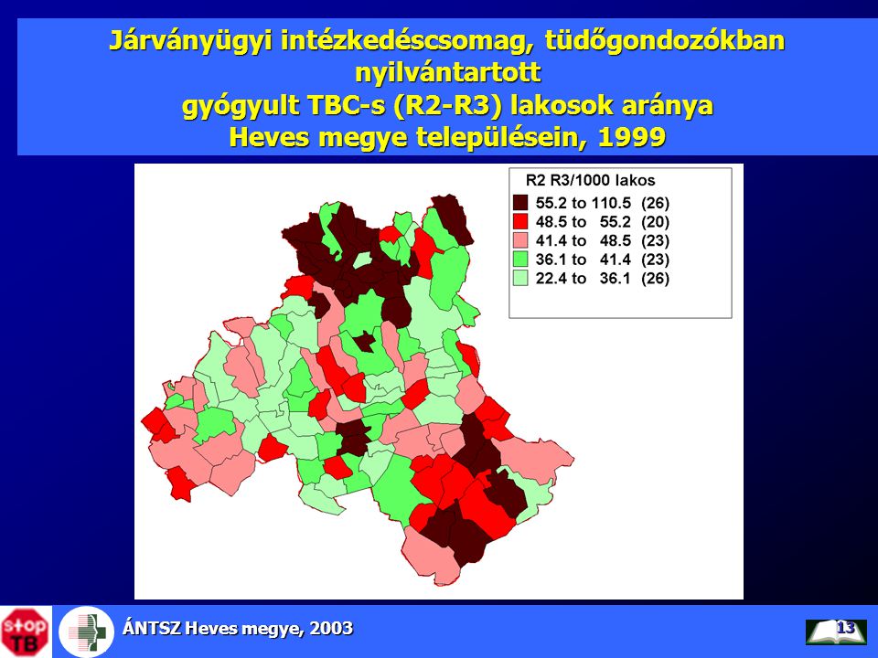 Járványügyi intézkedéscsomag, tüdőgondozókban nyilvántartott gyógyult TBC-s (R2-R3) lakosok aránya Heves megye településein, 1999