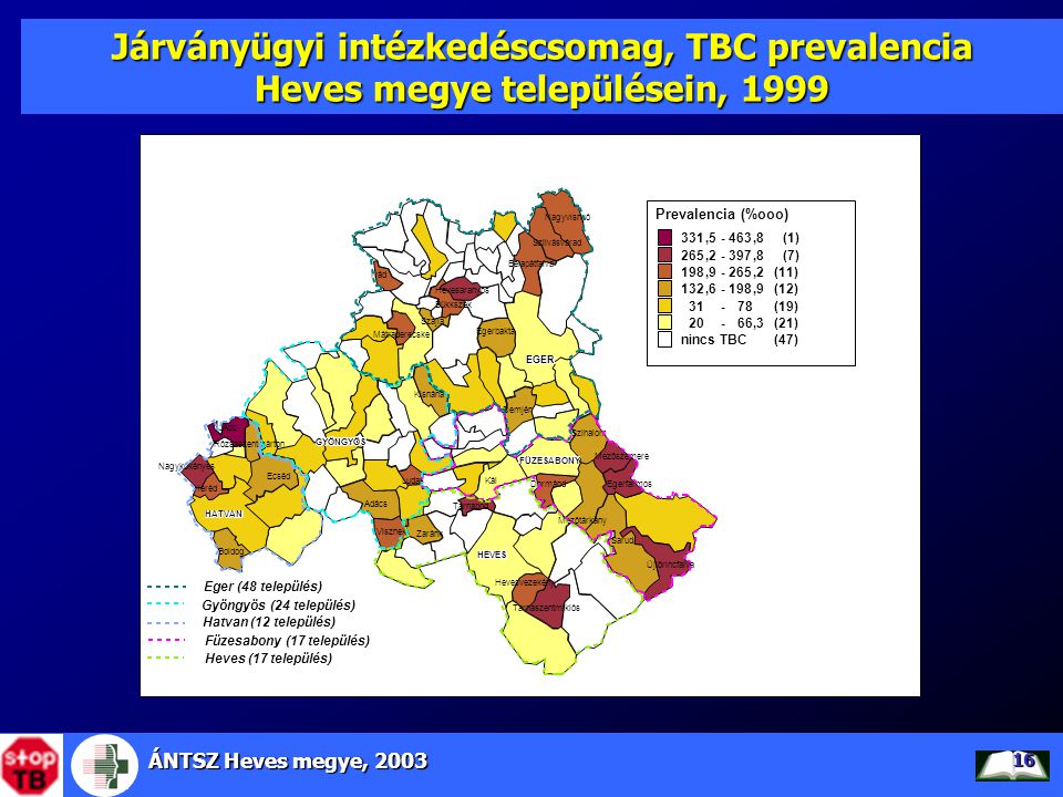 Járványügyi intézkedéscsomag, TBC prevalencia Heves megye településein, 1999