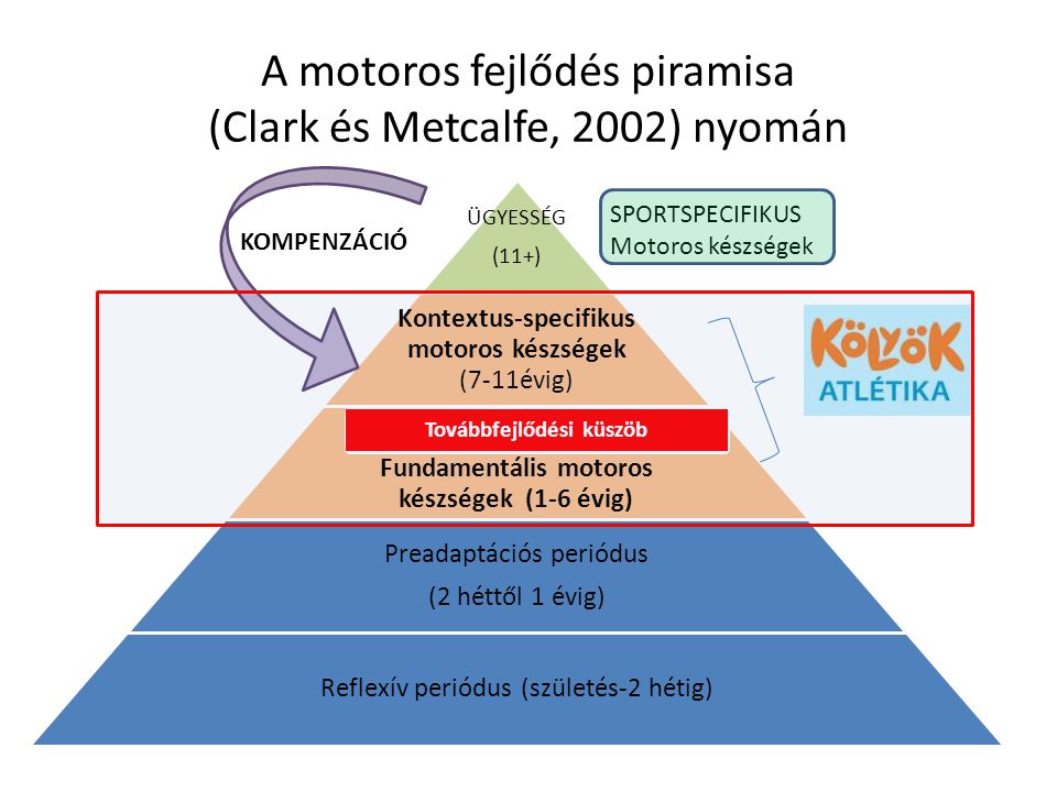 A motoros fejlődés piramisa (Clark és Metcalfe, 2002) nyomán