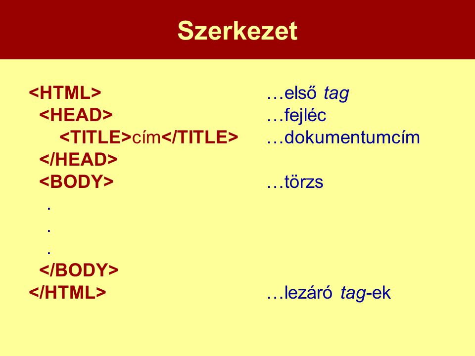 Szerkezet <HTML> …első tag <HEAD> …fejléc
