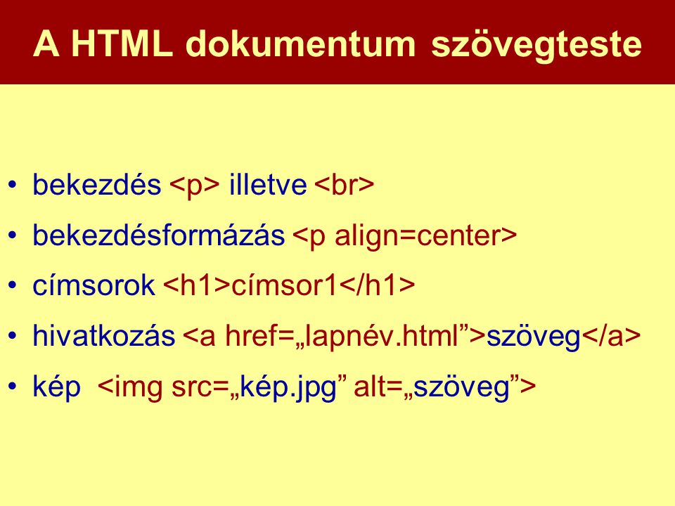 A HTML dokumentum szövegteste